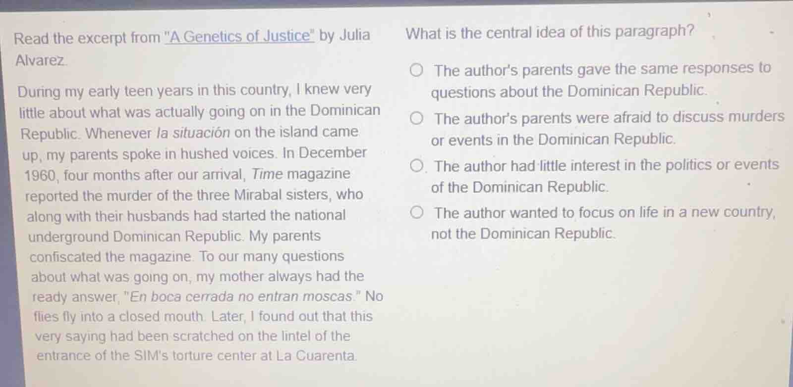 read the excerpt from \a genetics of justice\ by julia alvarez. during …