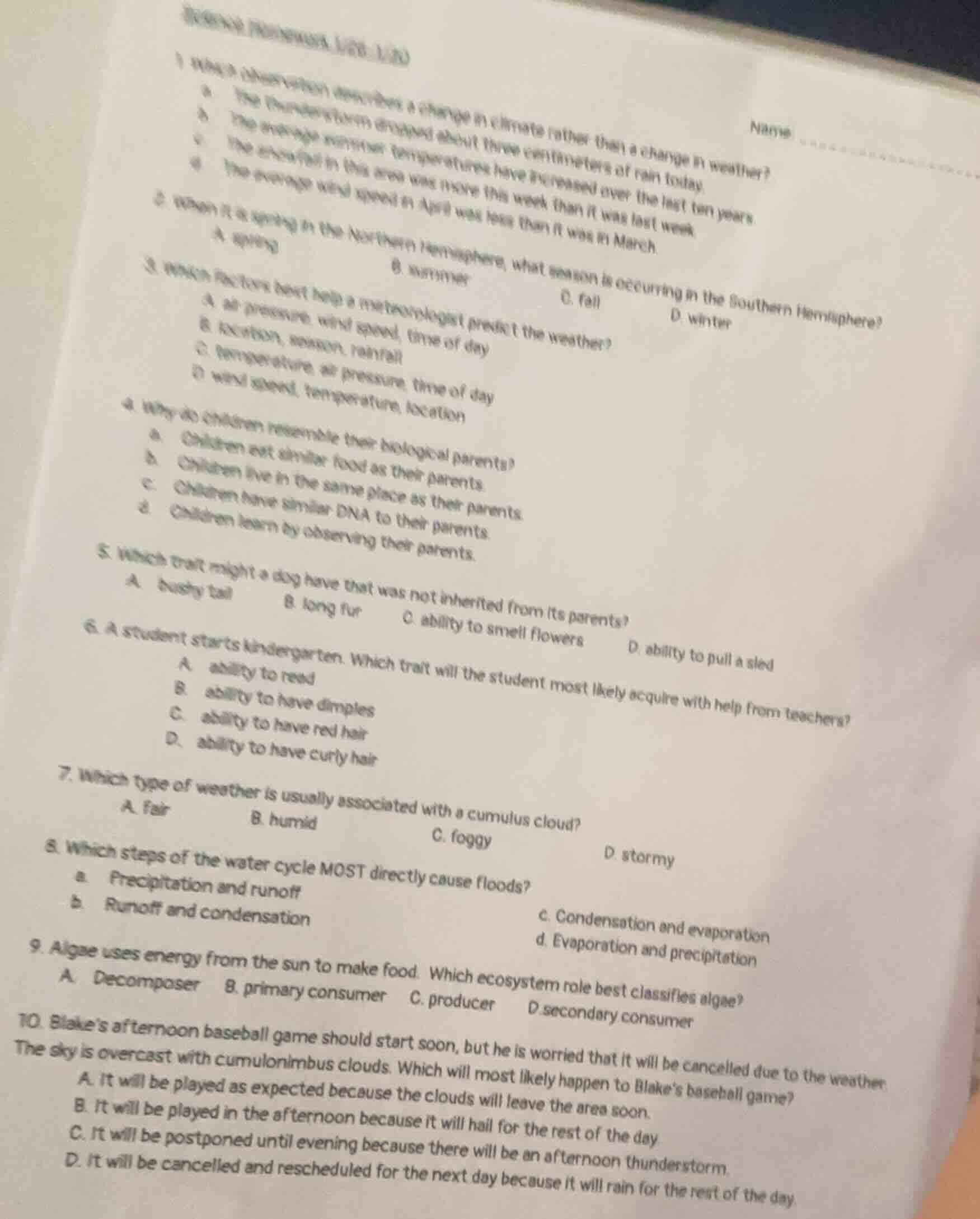 1 what observation describes a change in climate rather than a change i…