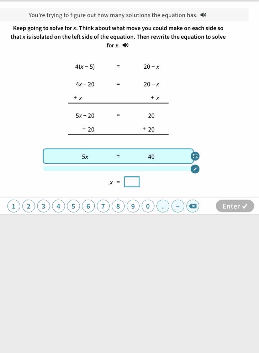 you’re trying to figure out how many solutions the equation has. keep g…