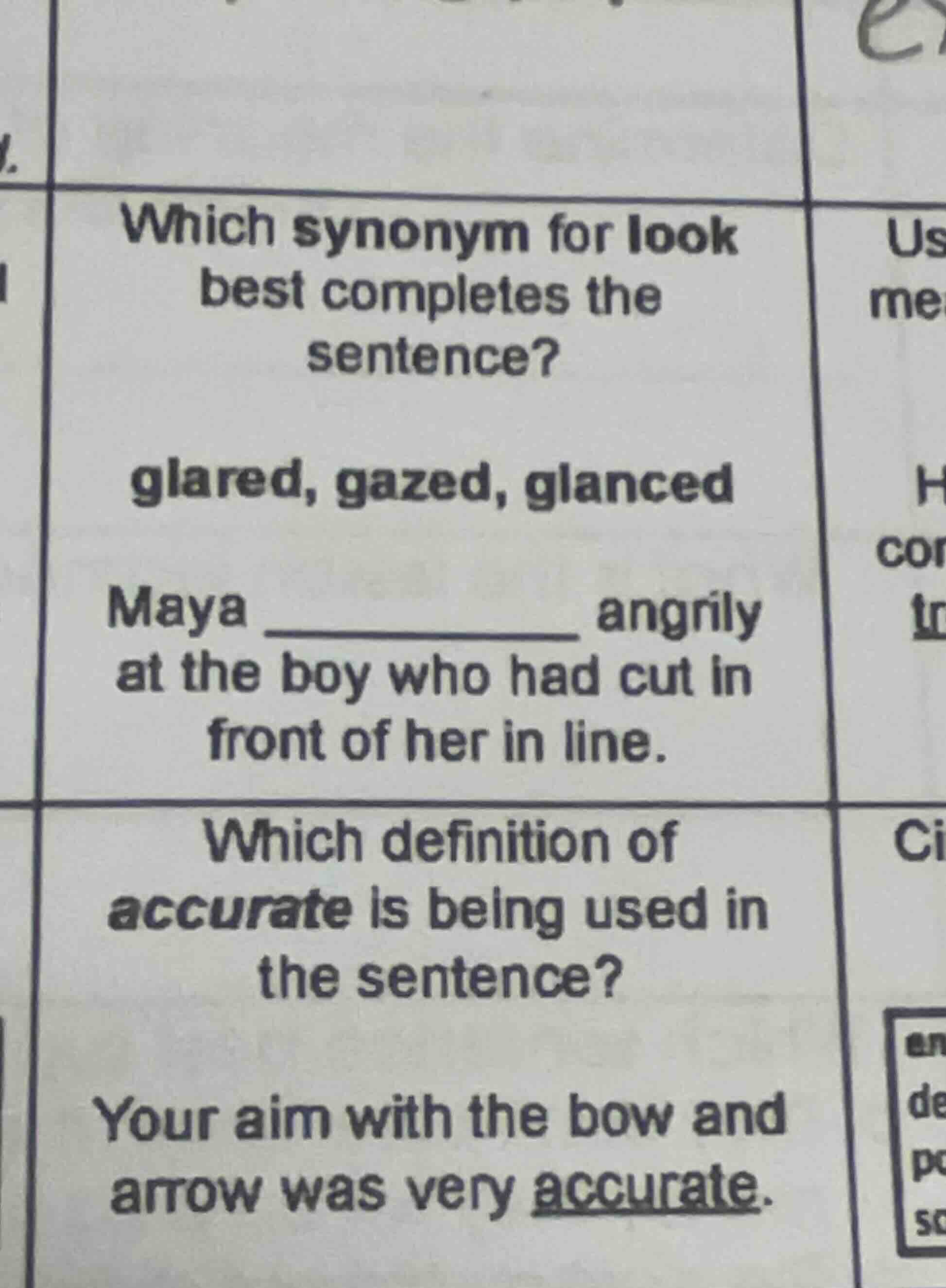 which synonym for look best completes the sentence? glared, gazed, glan…
