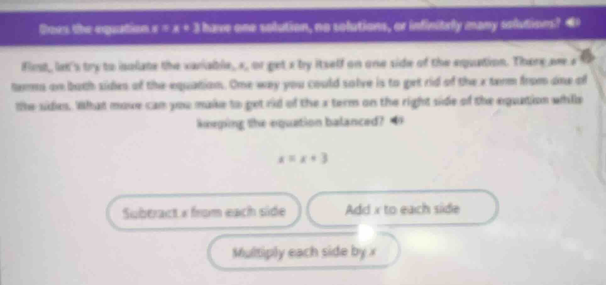 does the equation x = x + 3 have one solution, no solutions, or infinit…