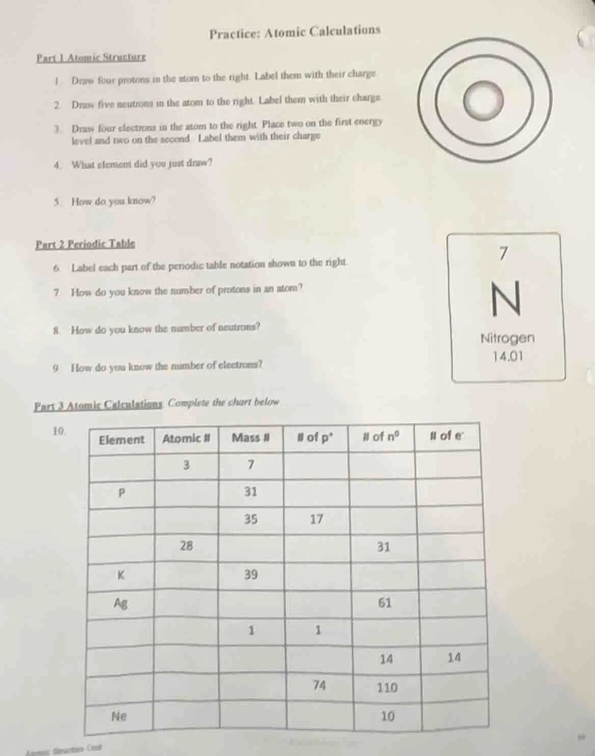 practice: atomic calculations part 1 atomic structure 1 draw four proto…