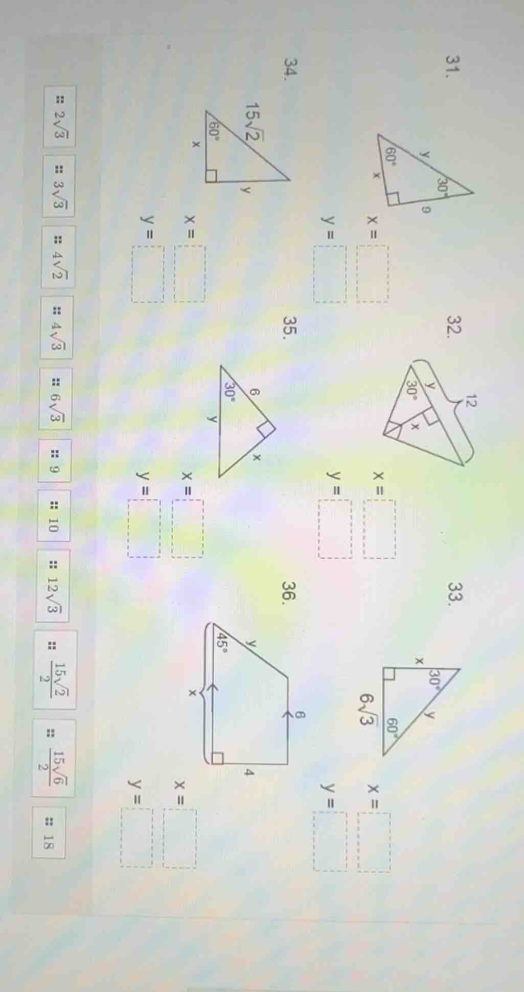 31. triangle with right angle, 60° angle, 30° angle, side 9, side x (op…