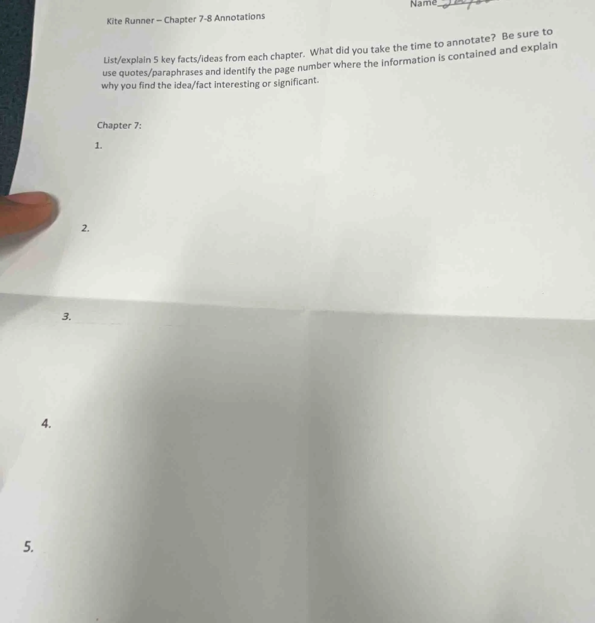 kite runner – chapter 7-8 annotations list/explain 5 key facts/ideas fr…