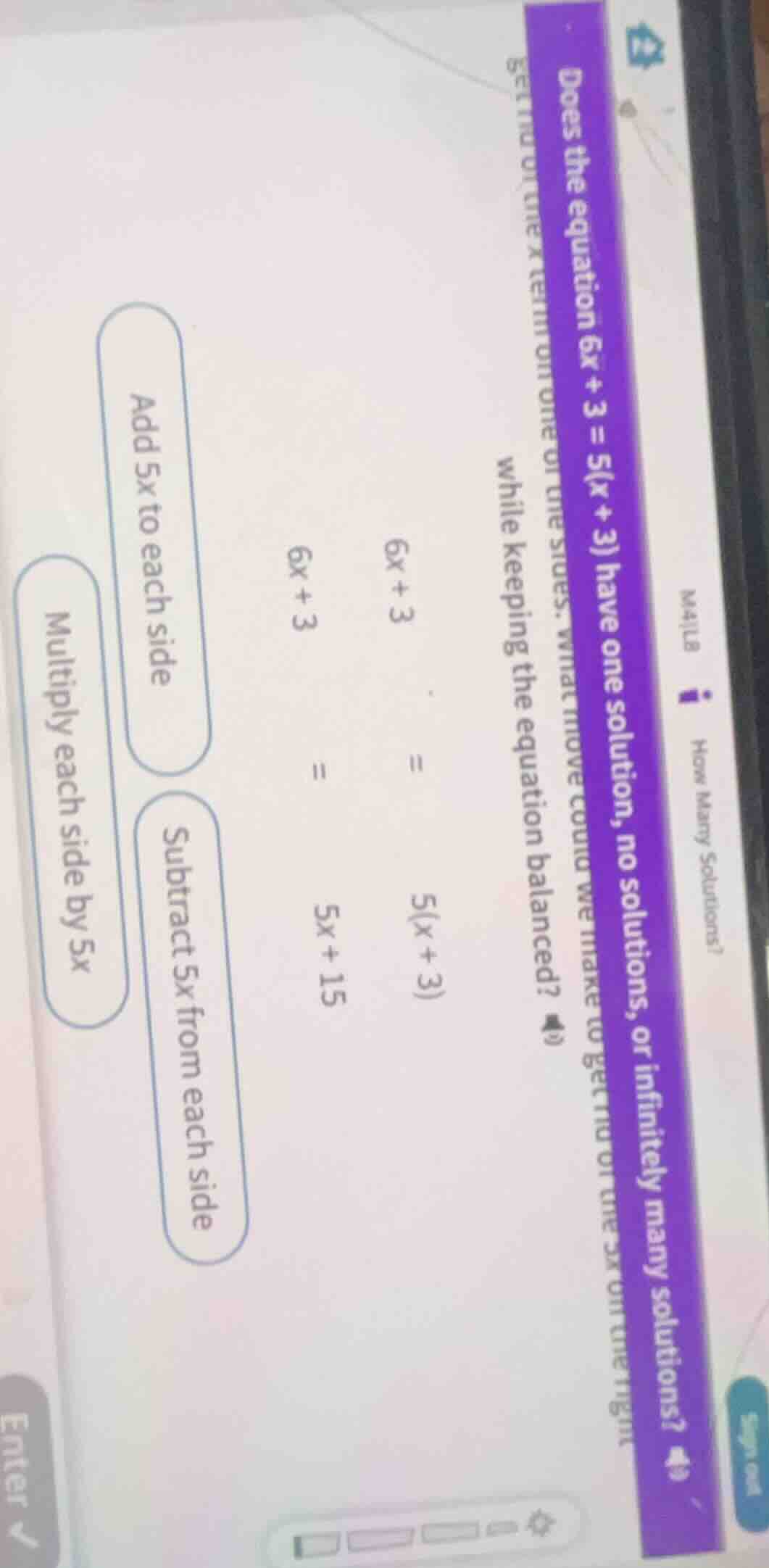 does the equation $6x + 3 = 5(x + 3)$ have one solution, no solutions, …