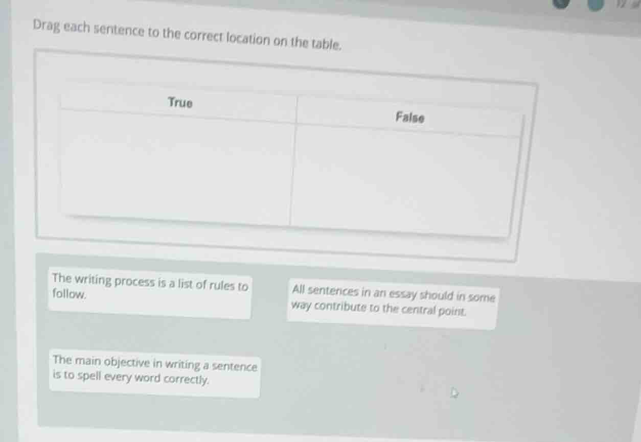 drag each sentence to the correct location on the table. true\tfalse th…
