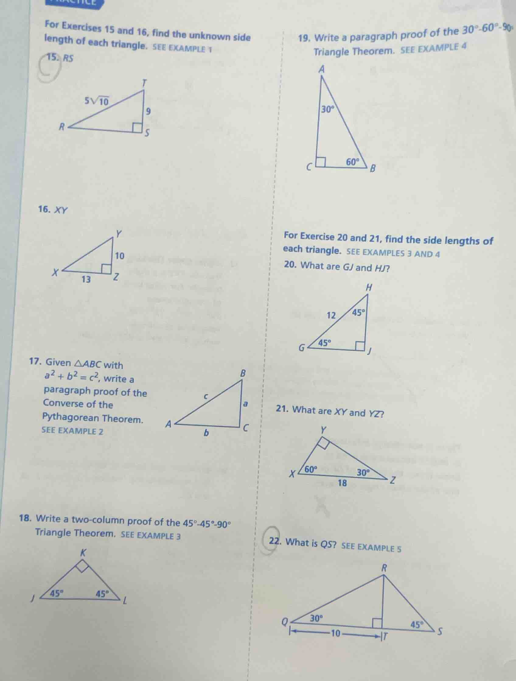 for exercises 15 and 16, find the unknown side length of each triangle.…