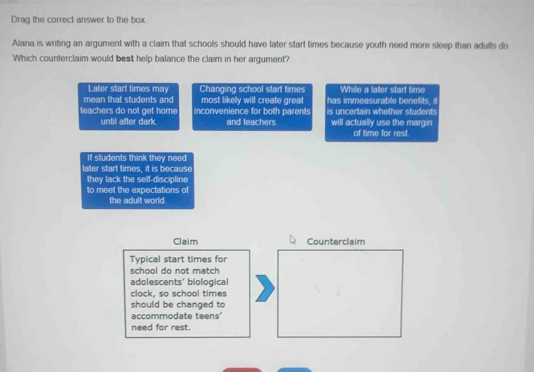 drag the correct answer to the box. alana is writing an argument with a…