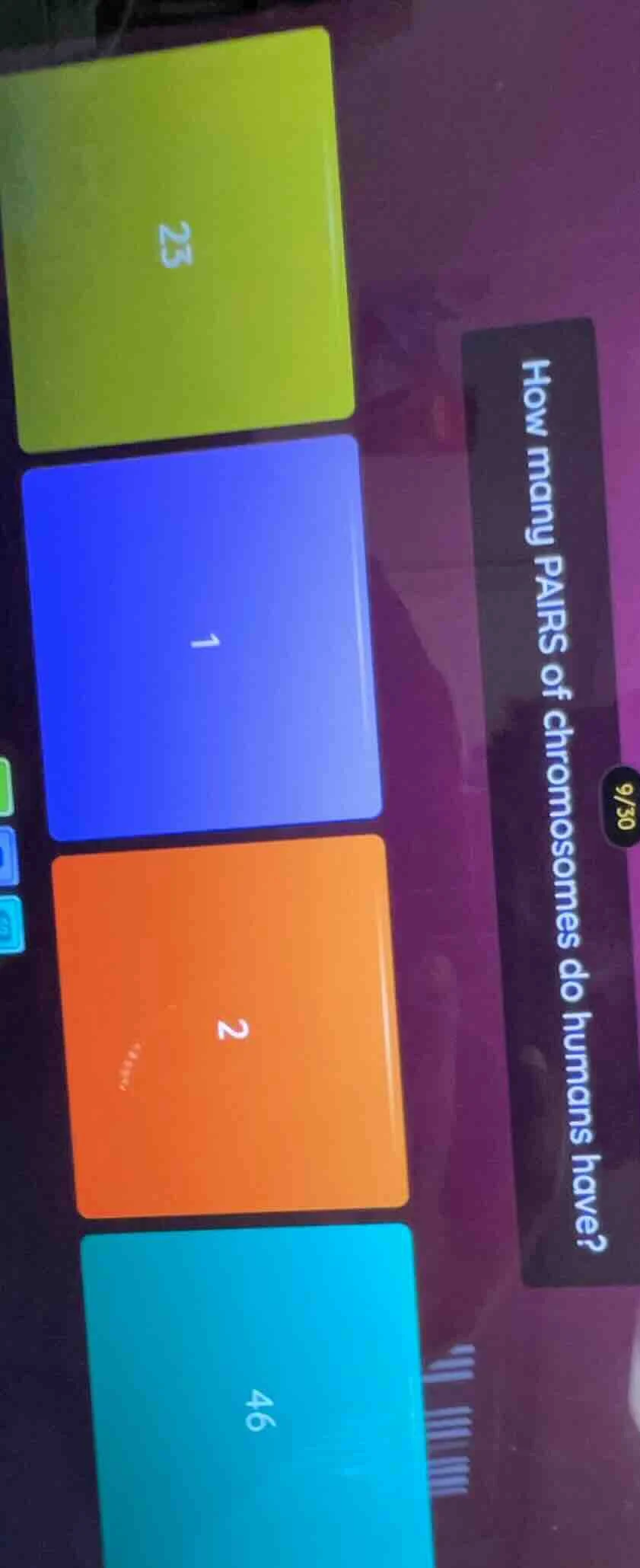 how many pairs of chromosomes do humans have? options: 23, 1, 2, 46