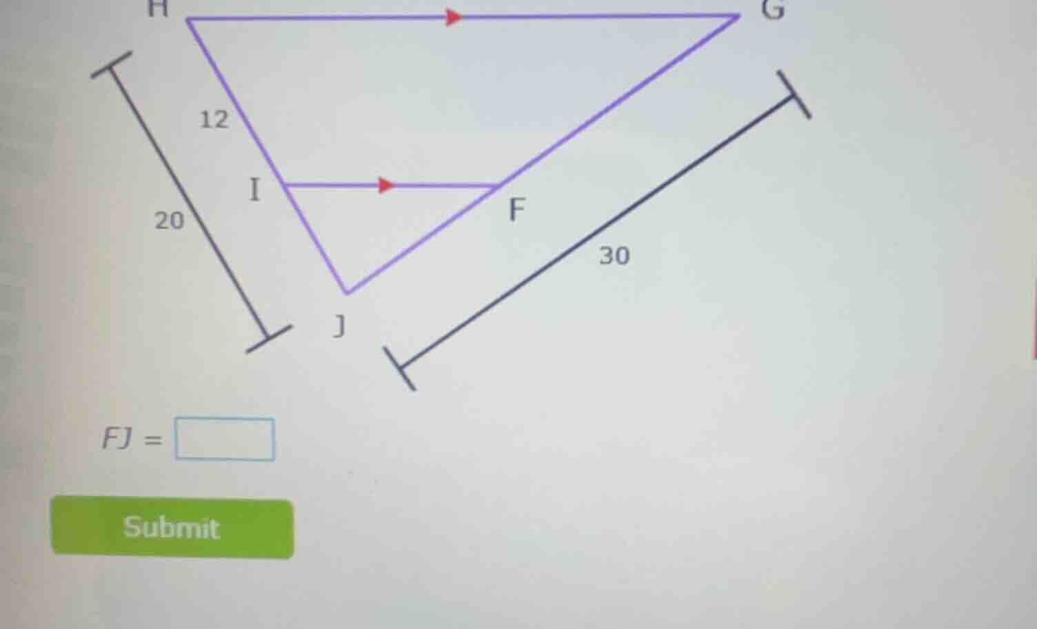 hj is 20, hi is 12, jg is 30, fi and hg are parallel, ij and fg are par…