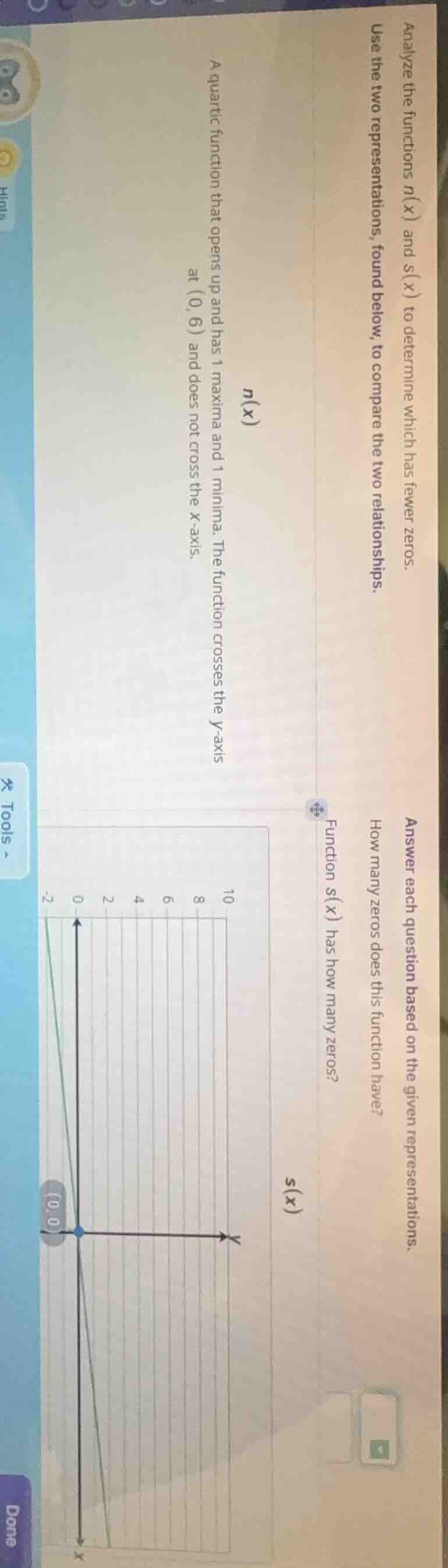 analyze the functions n(x) and s(x) to determine which has fewer zeros.…