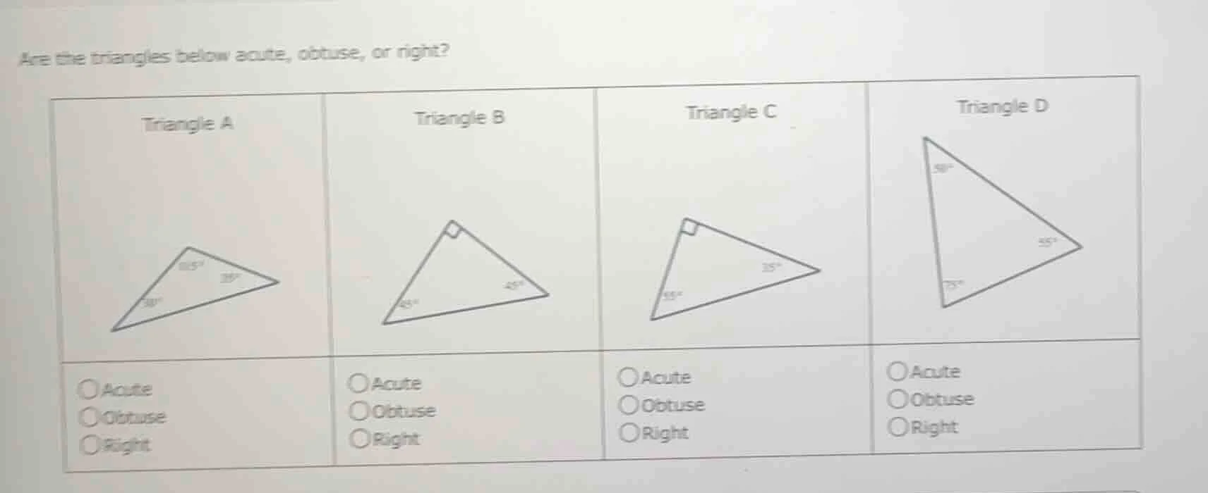 are the triangles below acute, obtuse, or right? triangle a triangle b …