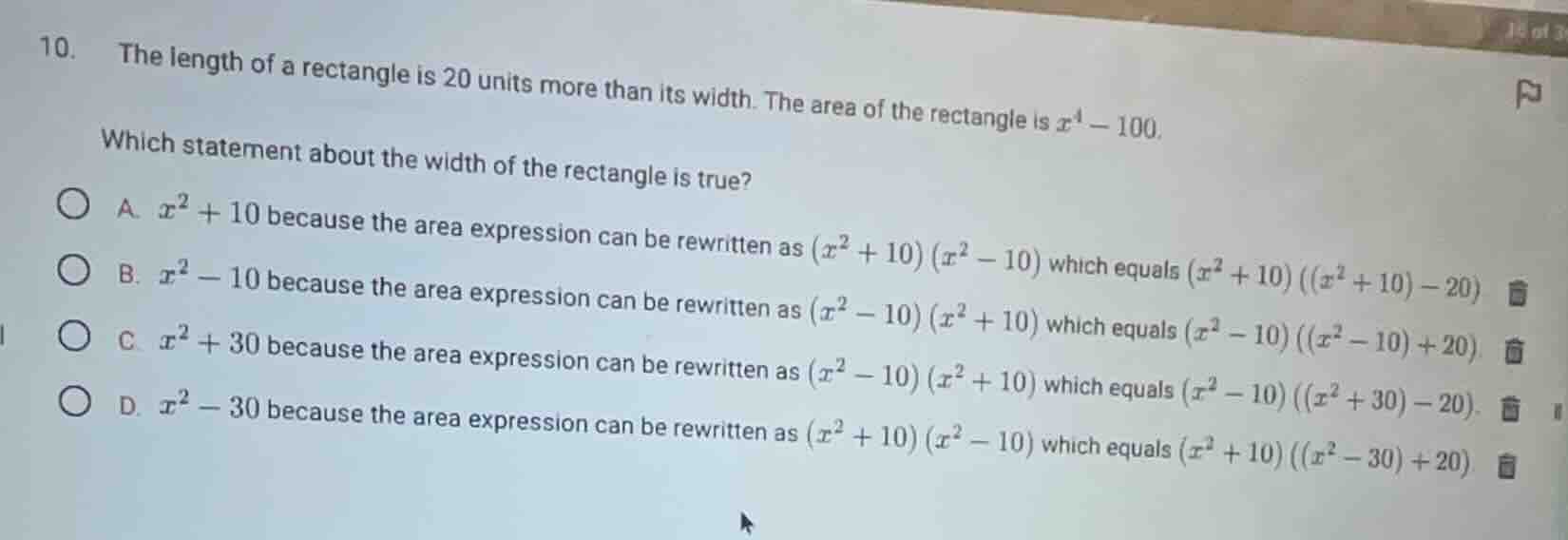 10. the length of a rectangle is 20 units more than its width. the area…