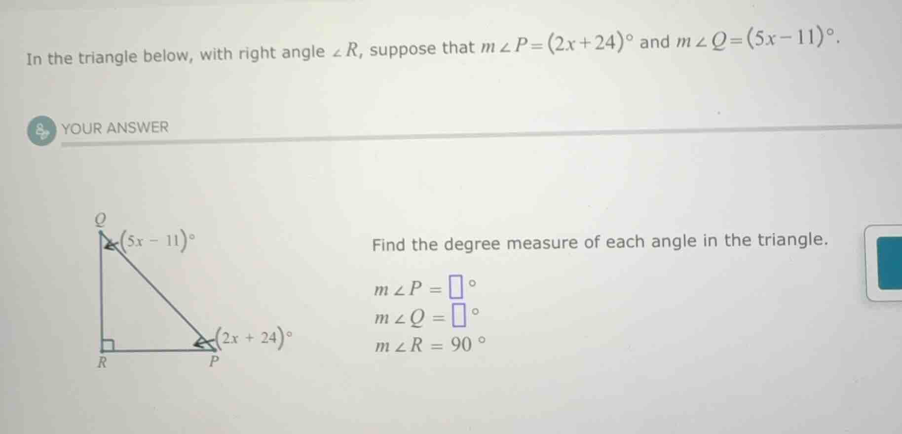 in the triangle below, with right angle $\\angle r$, suppose that $m\\a…