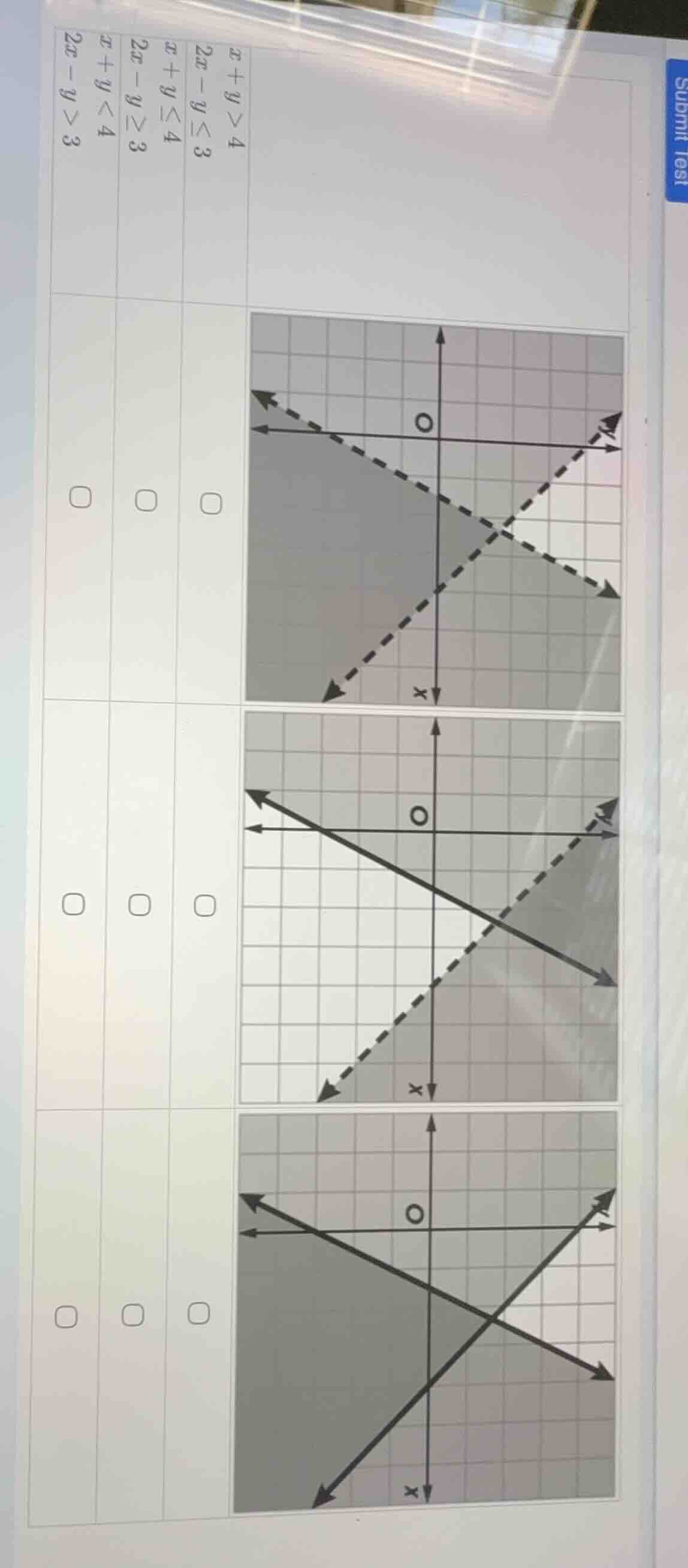 x + y > 4\ 2x - y < 3\ x + y ≤ 4\ 2x - y ≥ 3\ x + y < 4\ 2x - y > 3