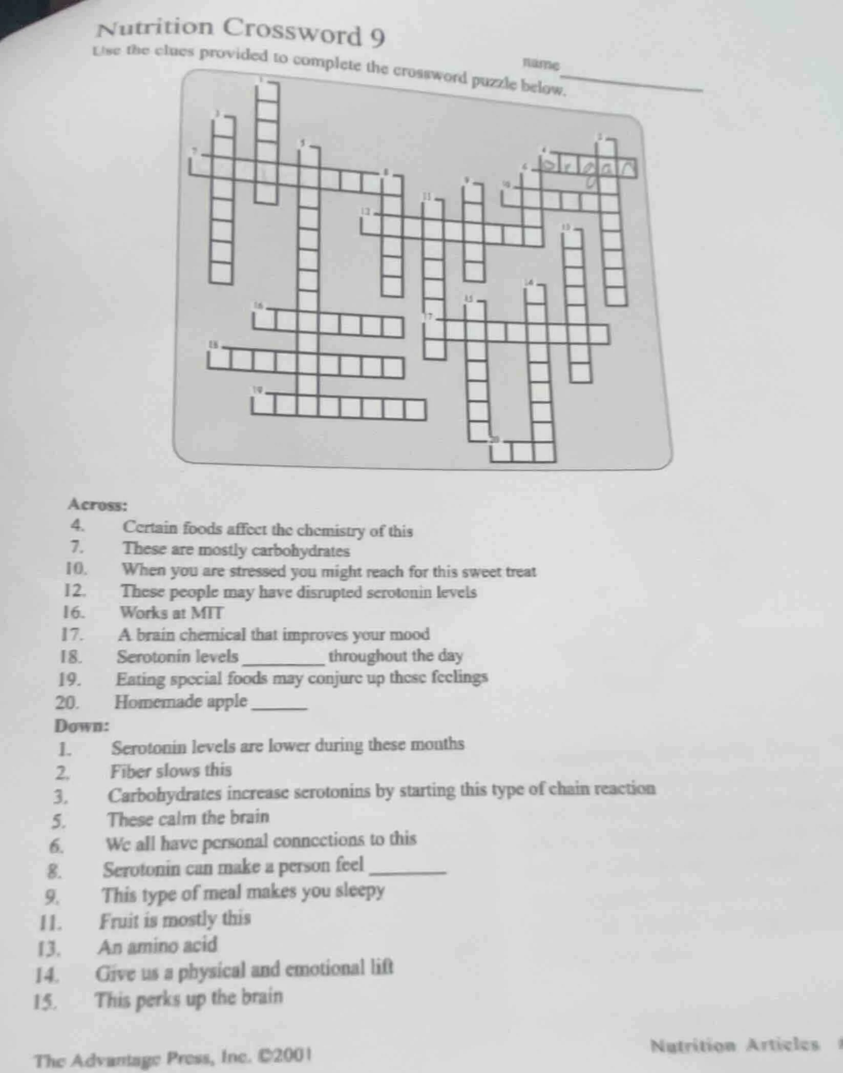 nutrition crossword 9 use the clues provided to complete the crossword …