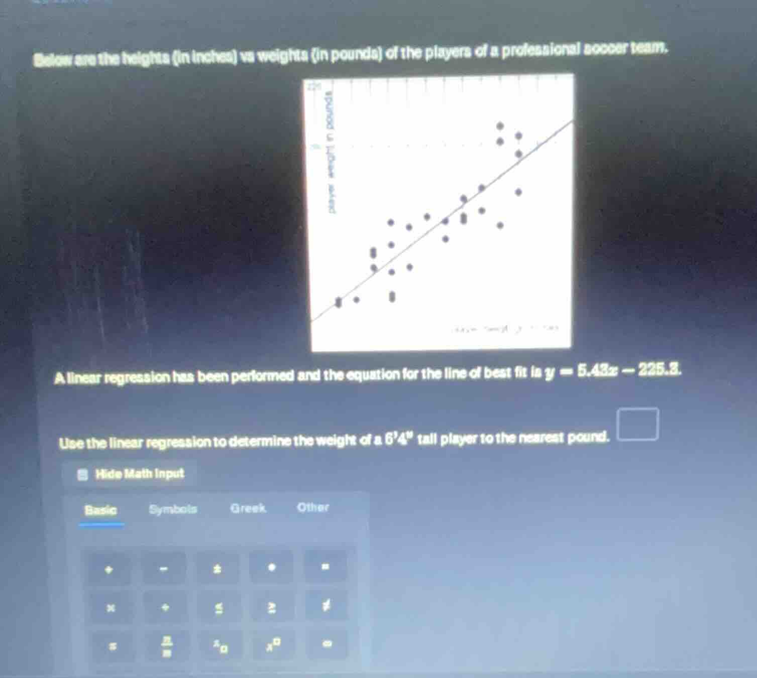 below are the heights (in inches) vs weights (in pounds) of the players…