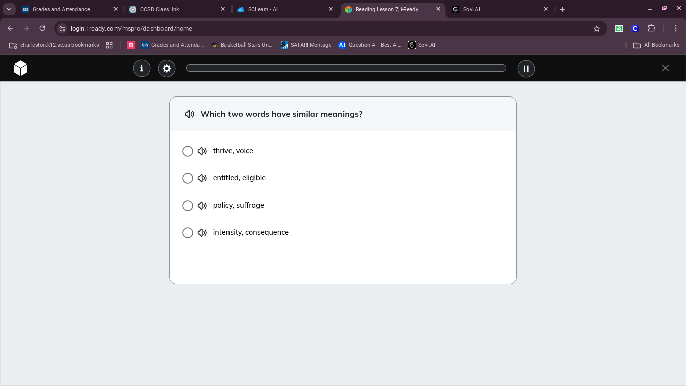 which two words have similar meanings? thrive, voice entitled, eligible…