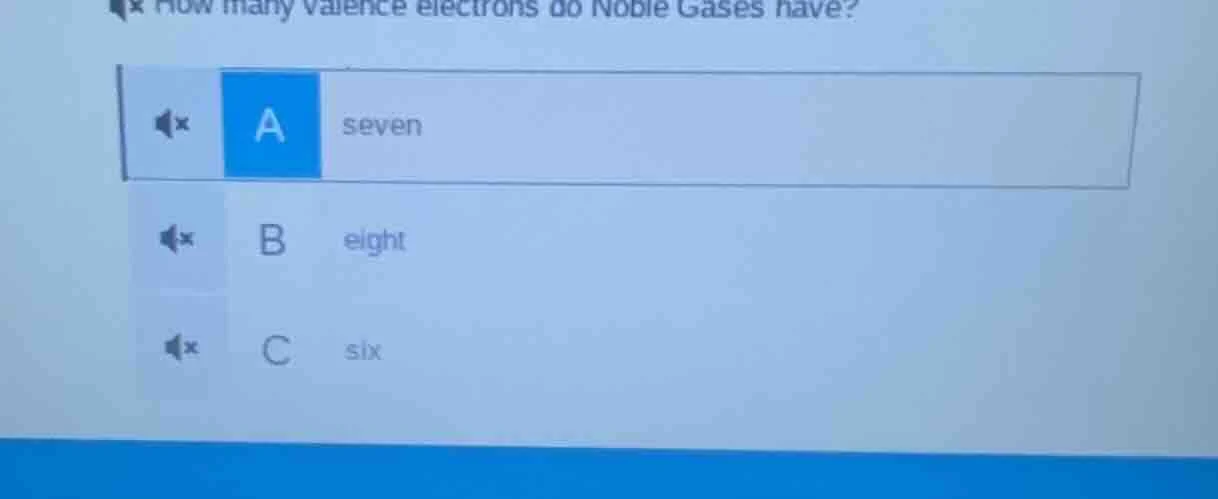 how many valence electrons do noble gases have? a seven b eight c six