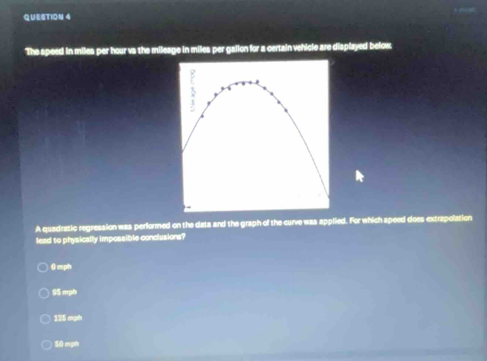question 4 the speed in miles per hour vs the mileage in miles per gall…