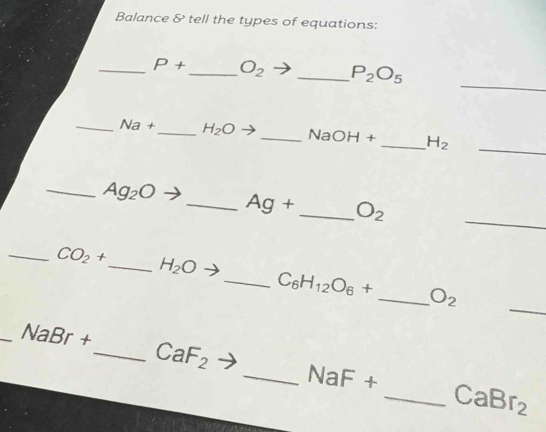 balance & tell the types of equations: _____ p + _____o₂ → _____p₂o₅ __…