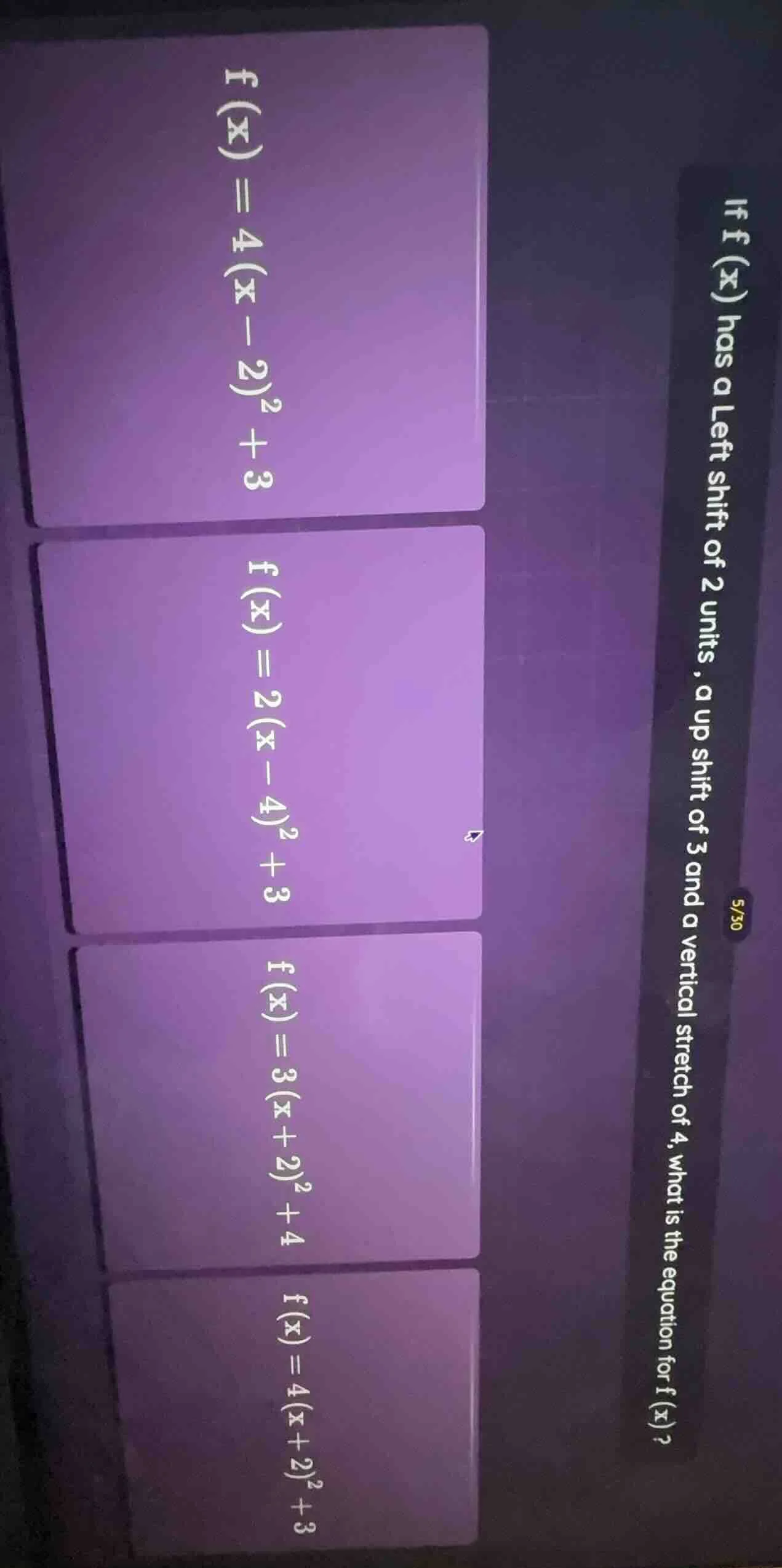 if f(x) has a left shift of 2 units, a up shift of 3 and a vertical str…