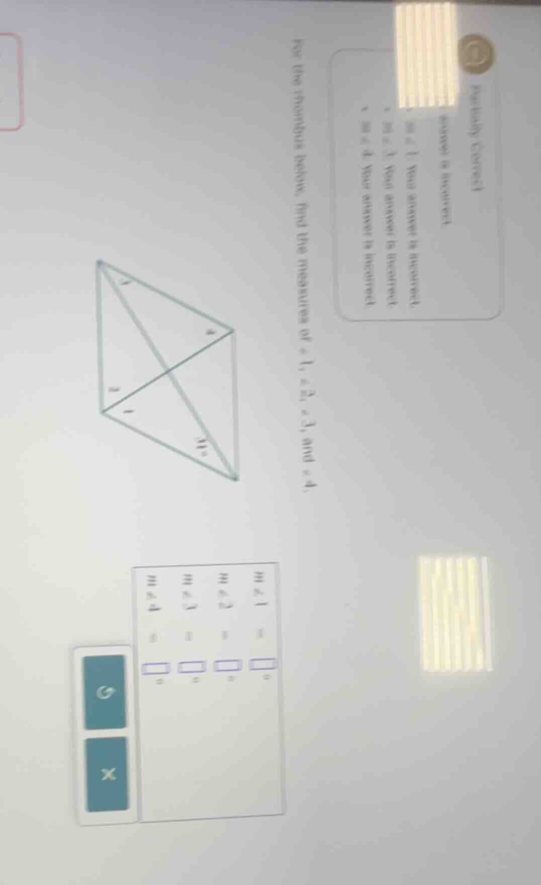 for the rhombus below, find the measures of ∠1, ∠2, ∠3, and ∠4.