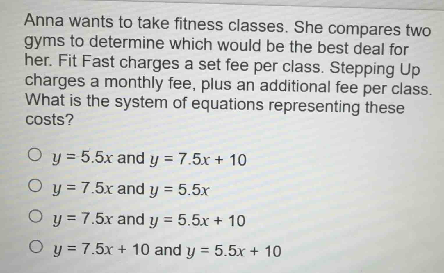 anna wants to take fitness classes. she compares two gyms to determine …