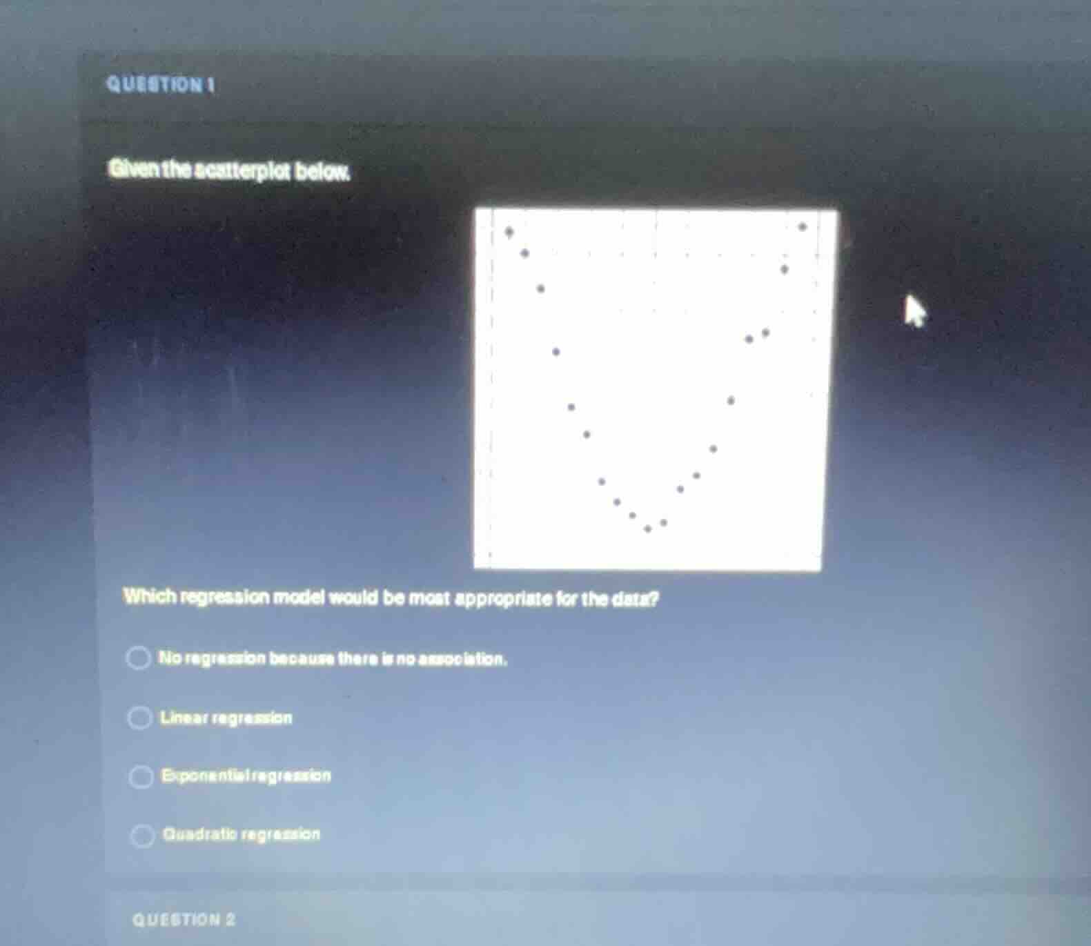 question 1 given the scatterplot below. which regression model would be…