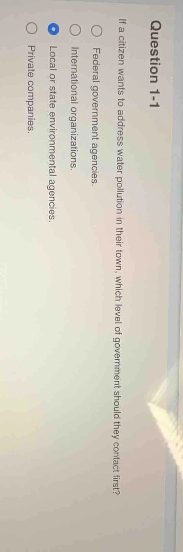 question 1-1 if a citizen wants to address water pollution in their tow…