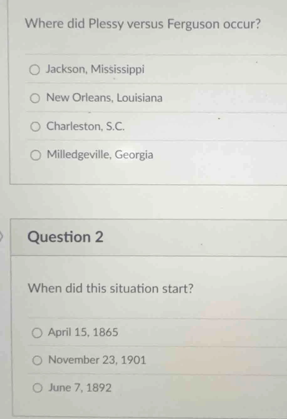 where did plessy versus ferguson occur? ○ jackson, mississippi ○ new or…