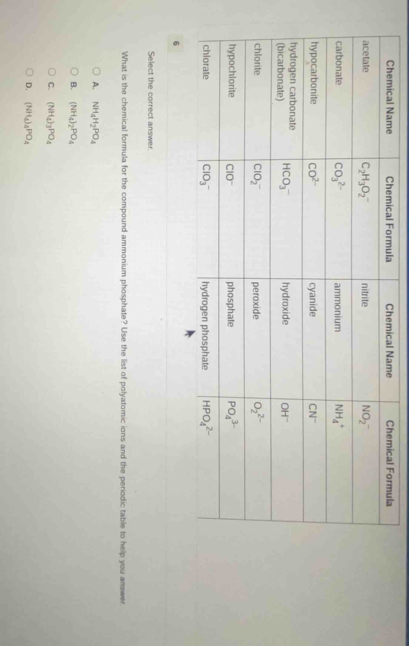 select the correct answer. what is the chemical formula for the compoun…