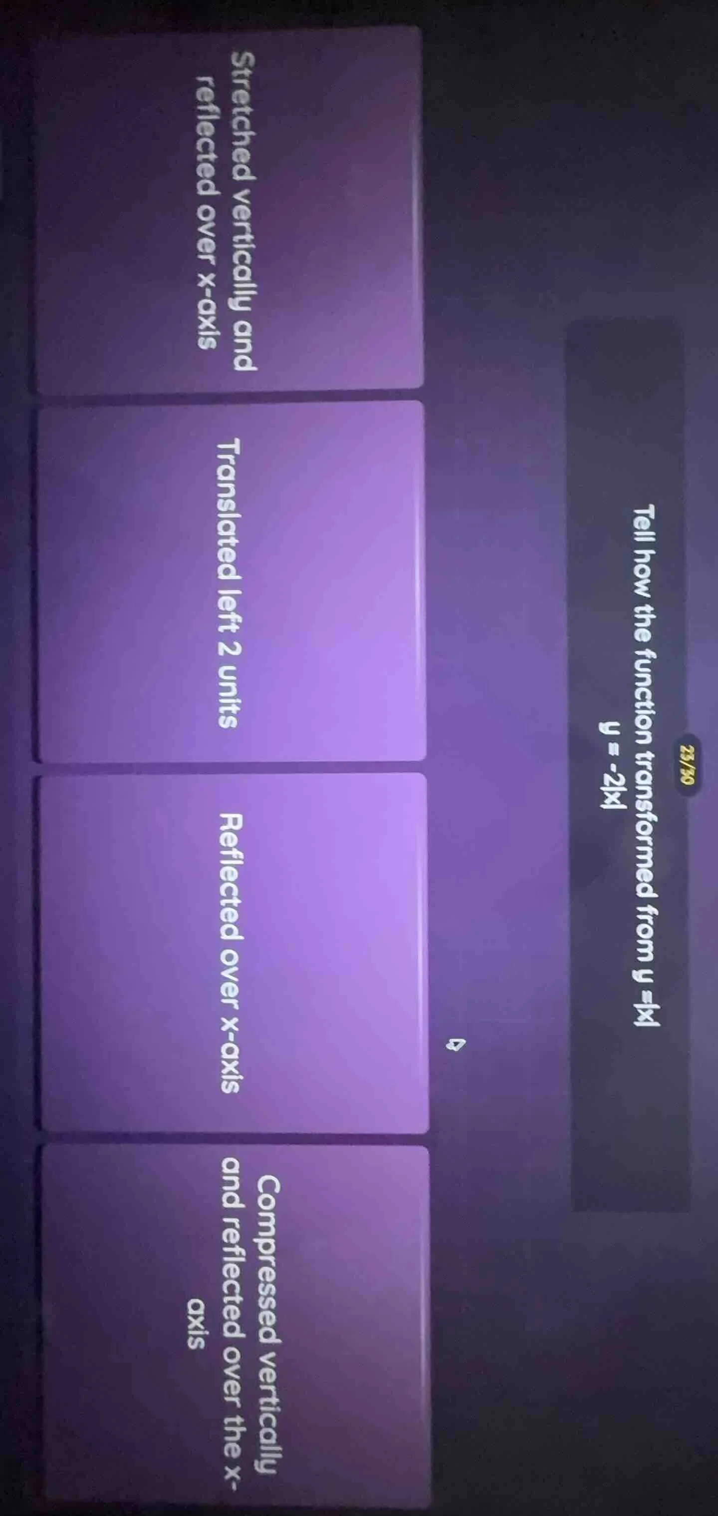 tell how the function transformed from y =|x| y =-2|x| stretched vertic…