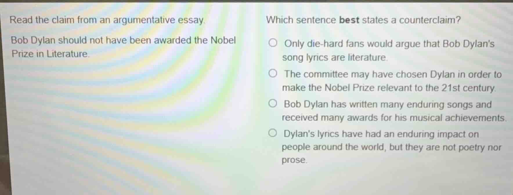 read the claim from an argumentative essay. bob dylan should not have b…