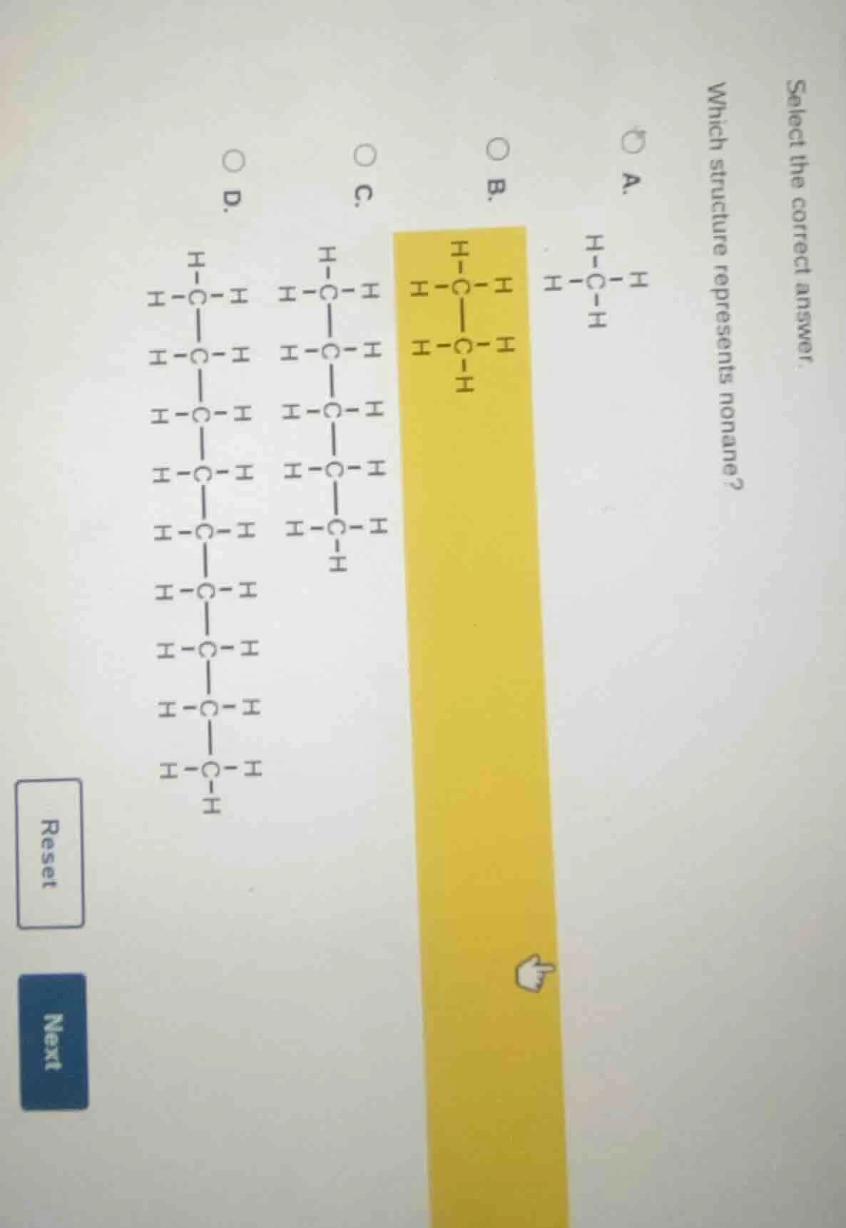 select the correct answer. which structure represents nonane? a. \\(\\c…