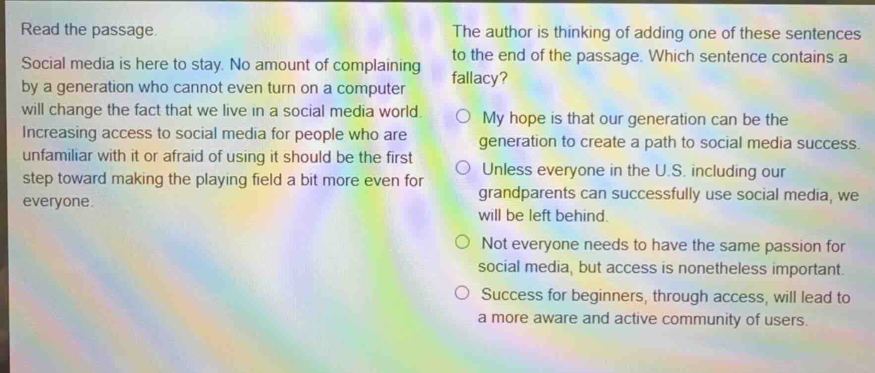 read the passage. social media is here to stay. no amount of complainin…