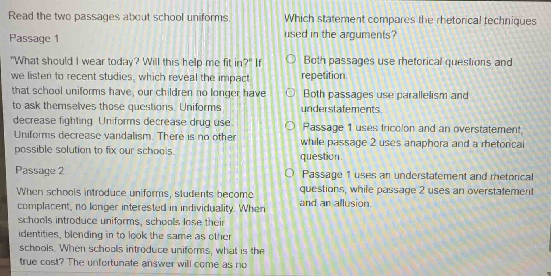 read the two passages about school uniforms. passage 1 \what should i w…