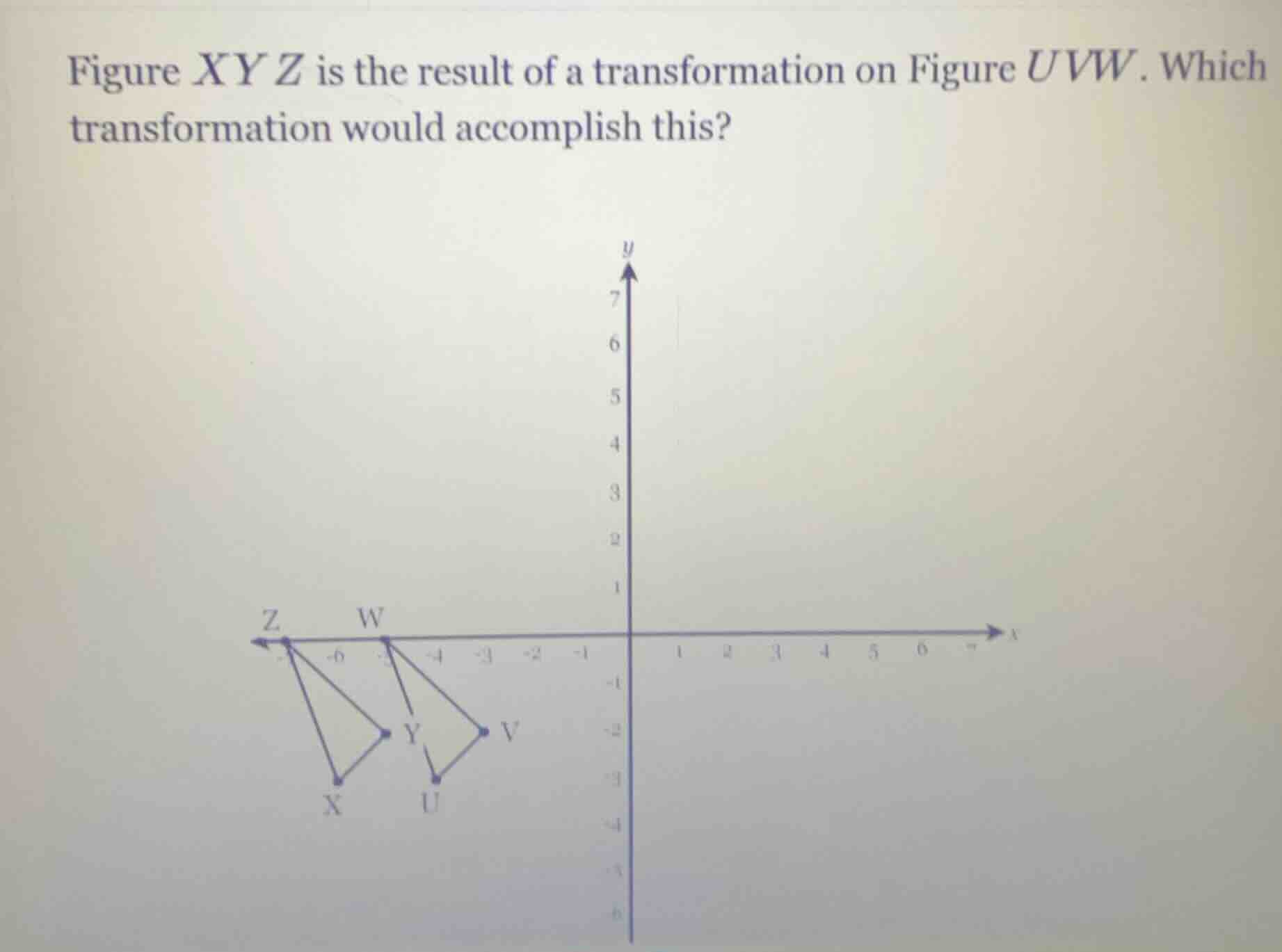 figure xyz is the result of a transformation on figure uvw. which trans…