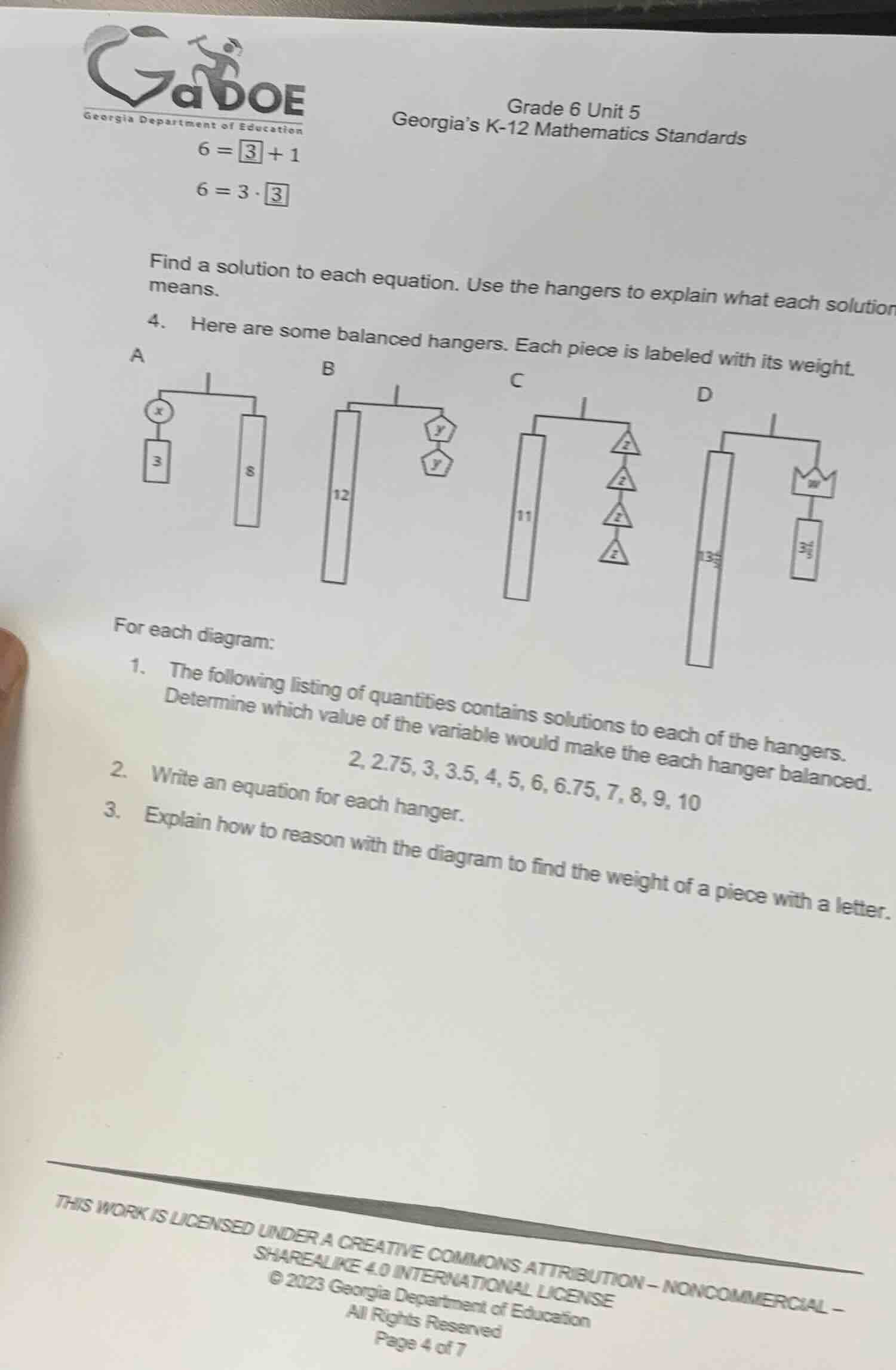 find a solution to each equation. use the hangers to explain what each …