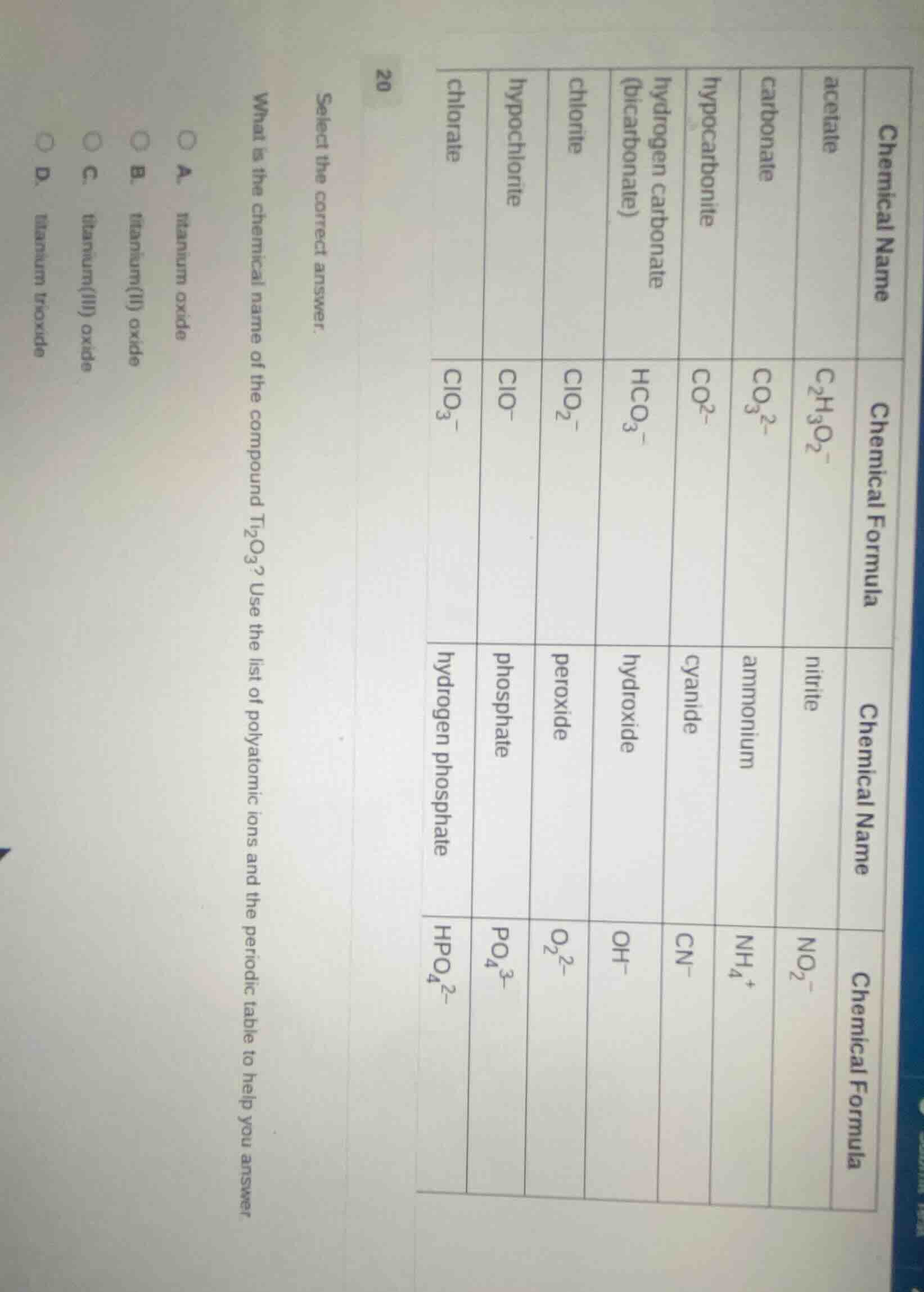 select the correct answer. what is the chemical name of the compound ti…
