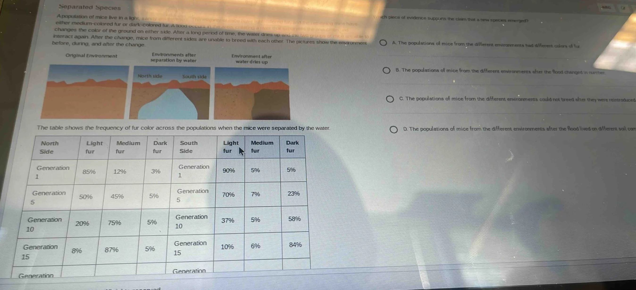 separated species a population of mice live in a light, sandy environme…