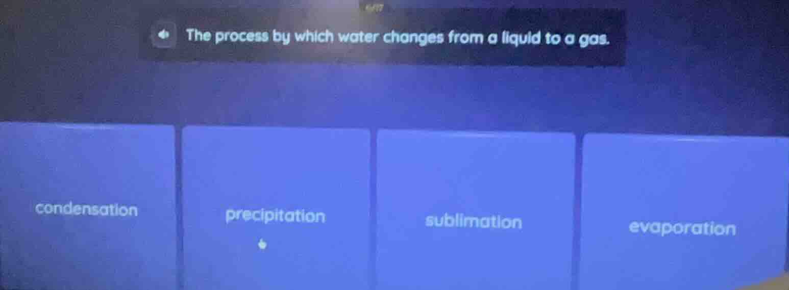 the process by which water changes from a liquid to a gas. condensation…