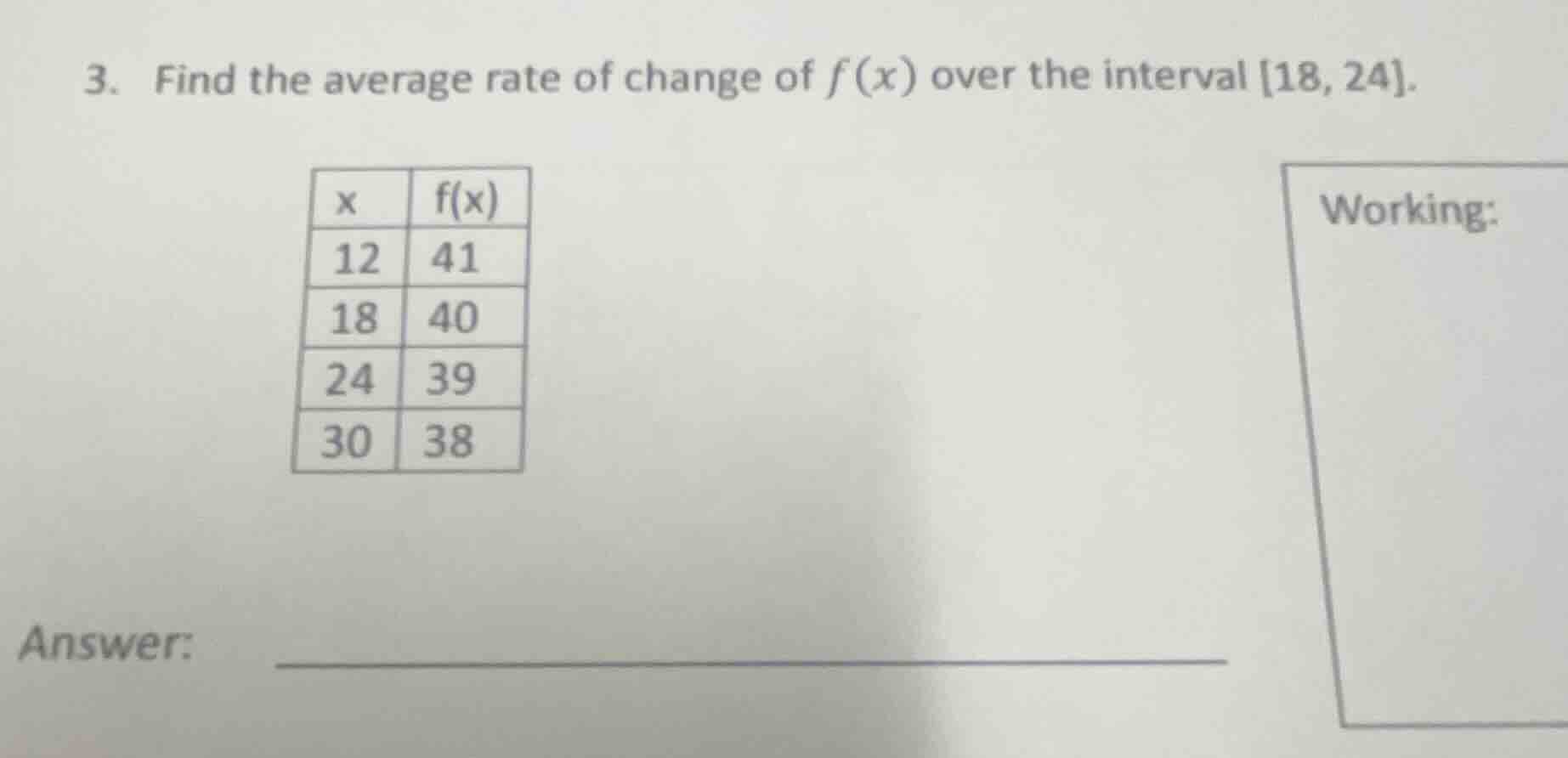 3. find the average rate of change of f(x) over the interval 18, 24. x …