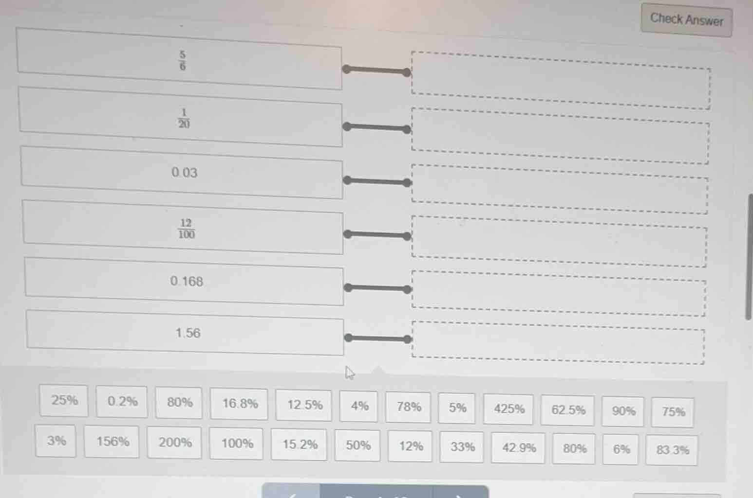 match the following: \\(\\frac{5}{6}\\), \\(\\frac{1}{20}\\), 0.03, \\(…