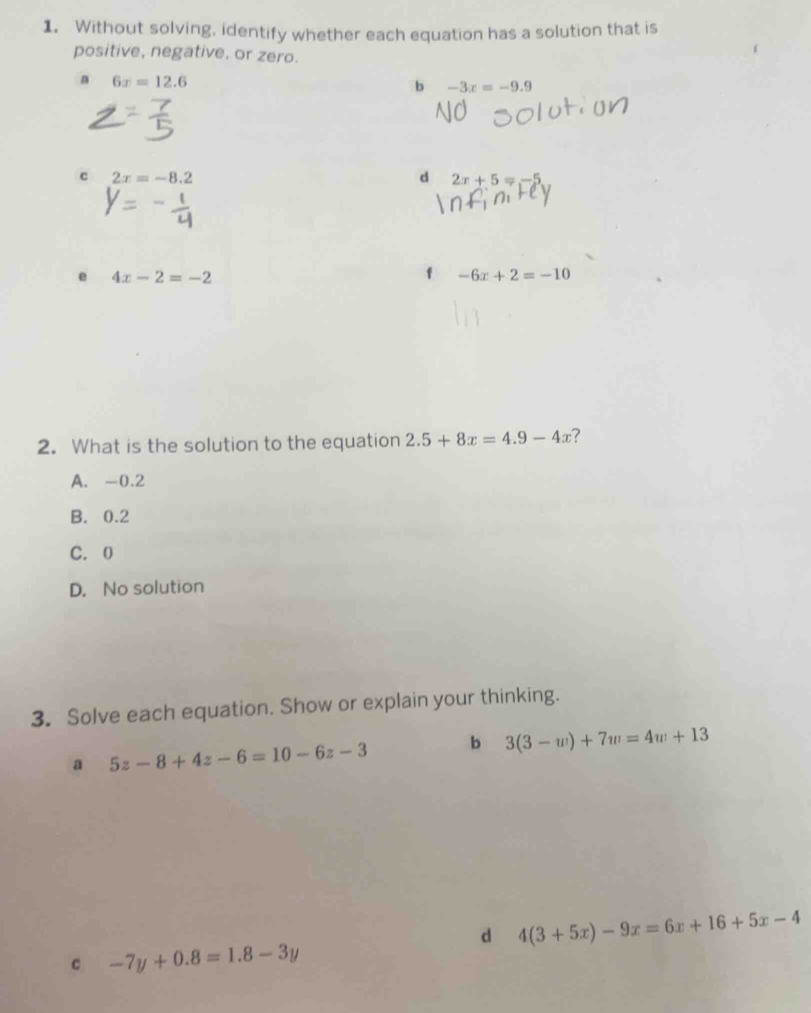 1. without solving, identify whether each equation has a solution that …