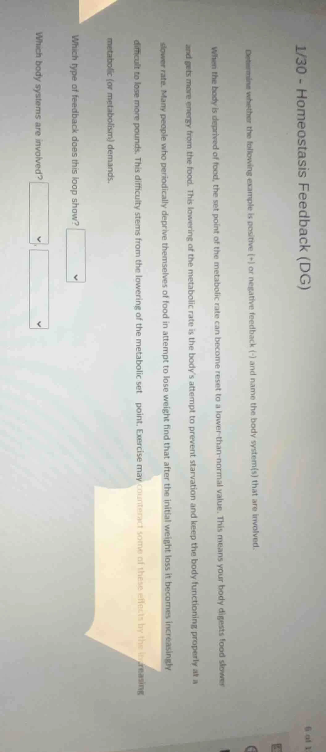1/30 - homeostasis feedback (dg) determine whether the following exampl…