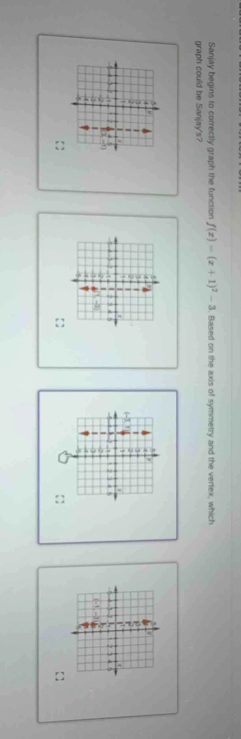 sanjay begins to correctly graph the function ( f(x) = (x + 1)^2 - 3 ).…
