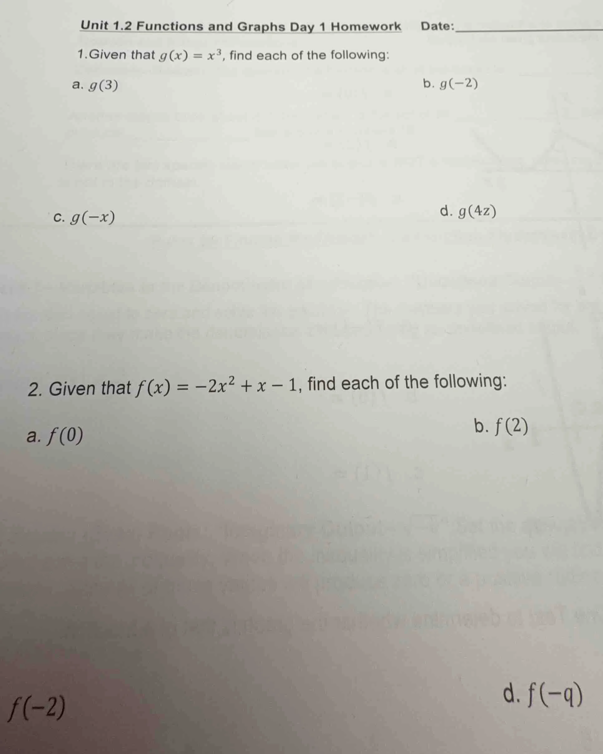 unit 1.2 functions and graphs day 1 homework date: 1. given that $g(x) …