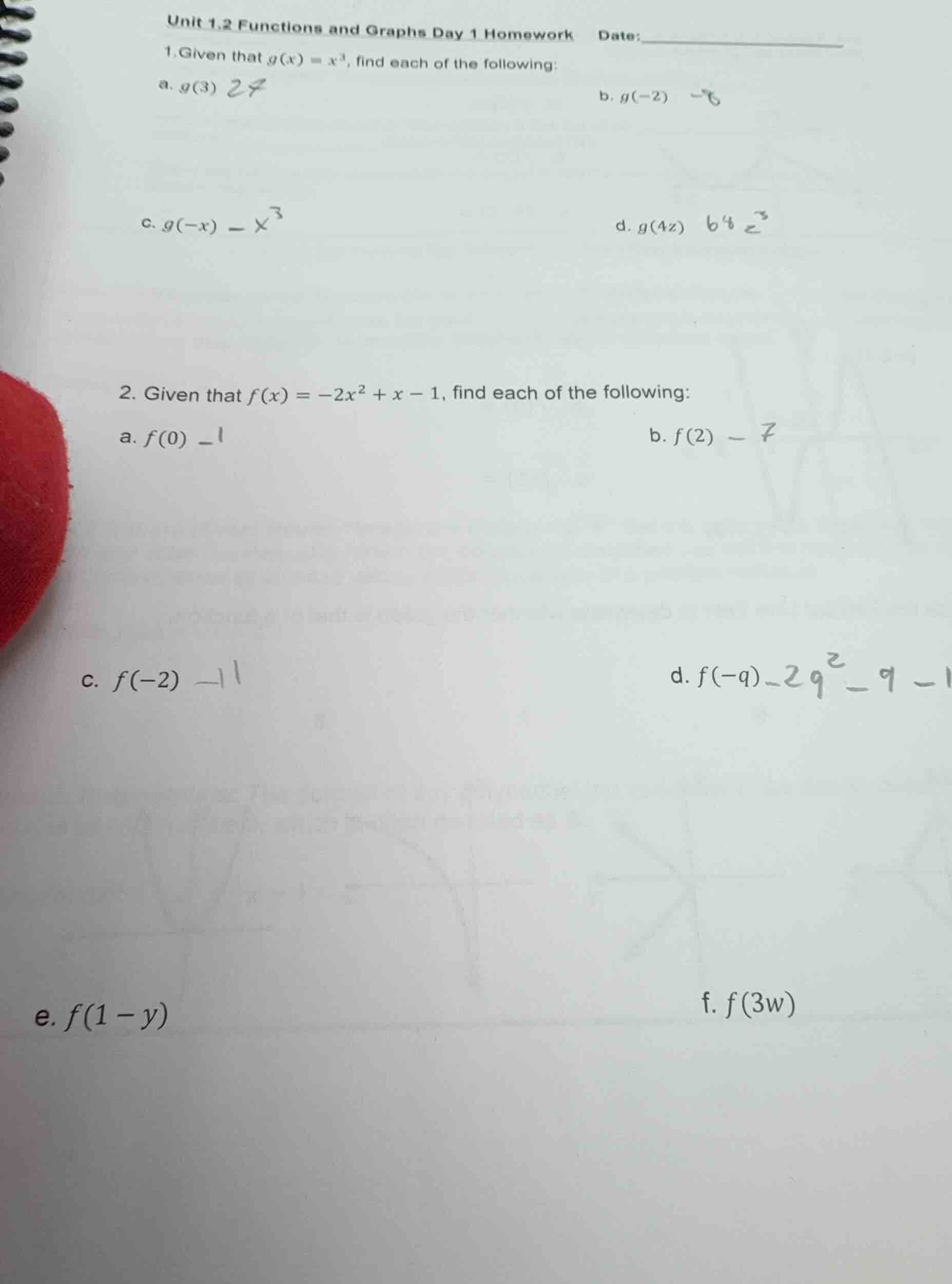 unit 1.2 functions and graphs day 1 homework date: 1. given that ( g(x)…