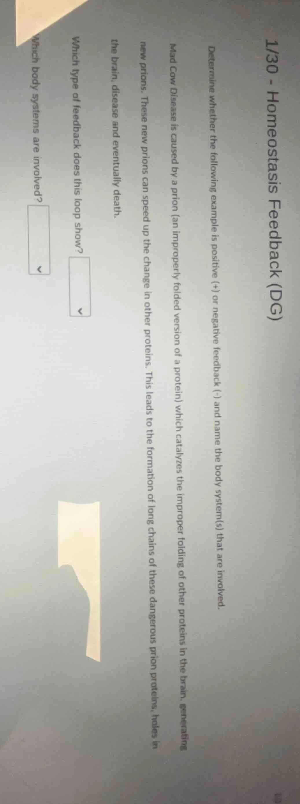 1/30 - homeostasis feedback (dg) determine whether the following exampl…